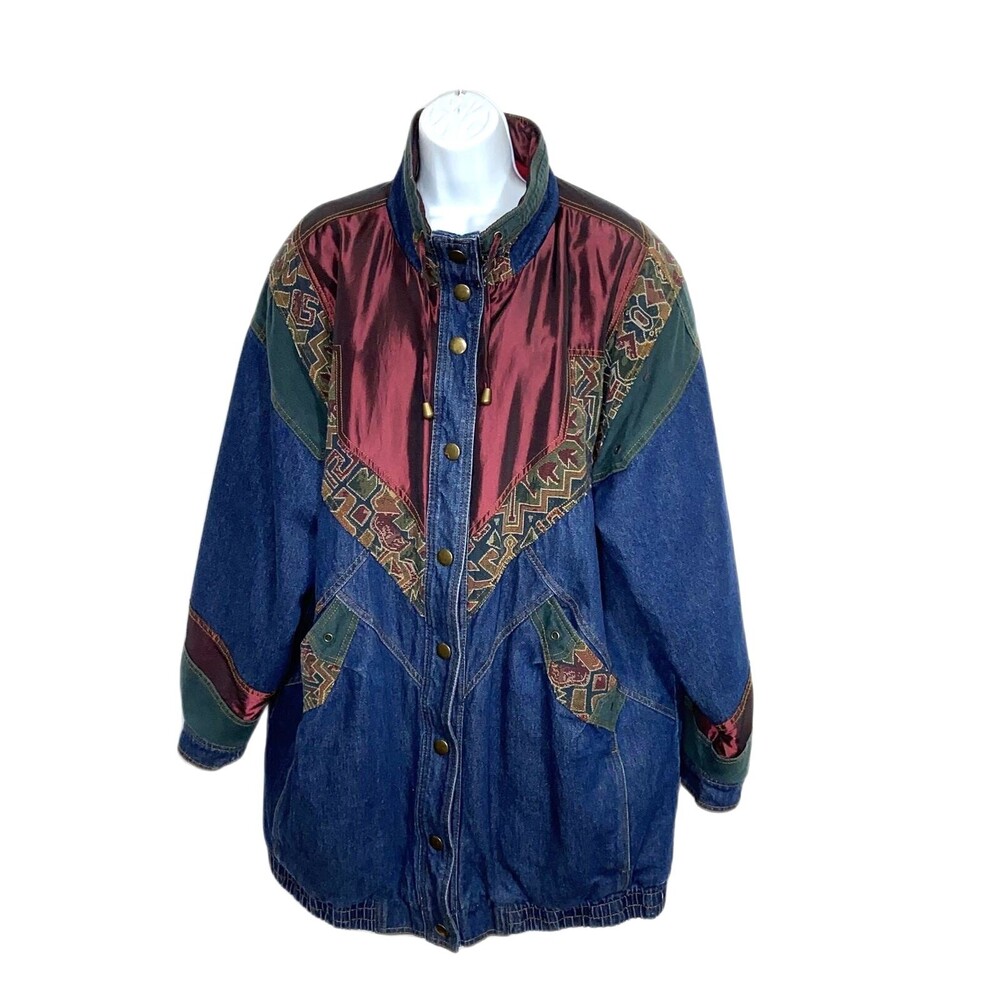 Vintage-Inspired Blue Denim and Burgundy Jean Jacket